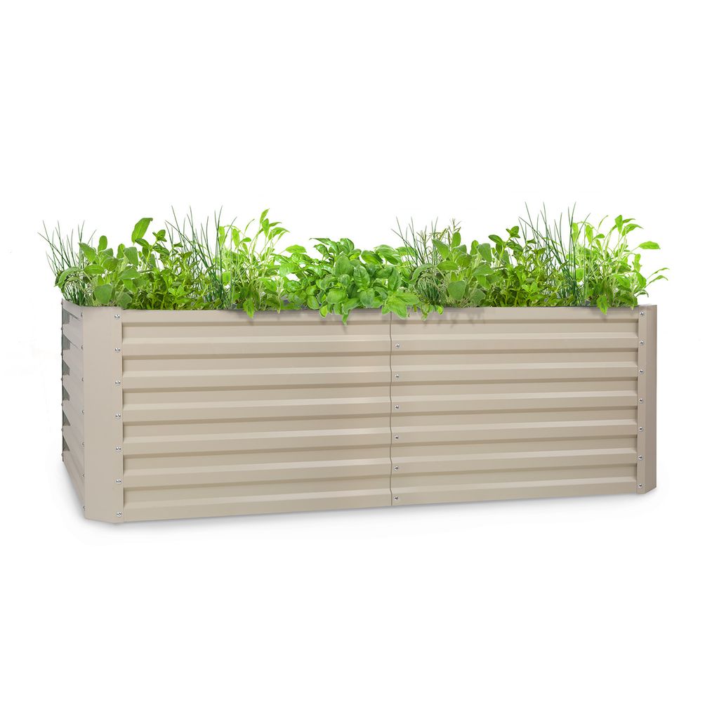 A raised garden bed filled with various green plants.