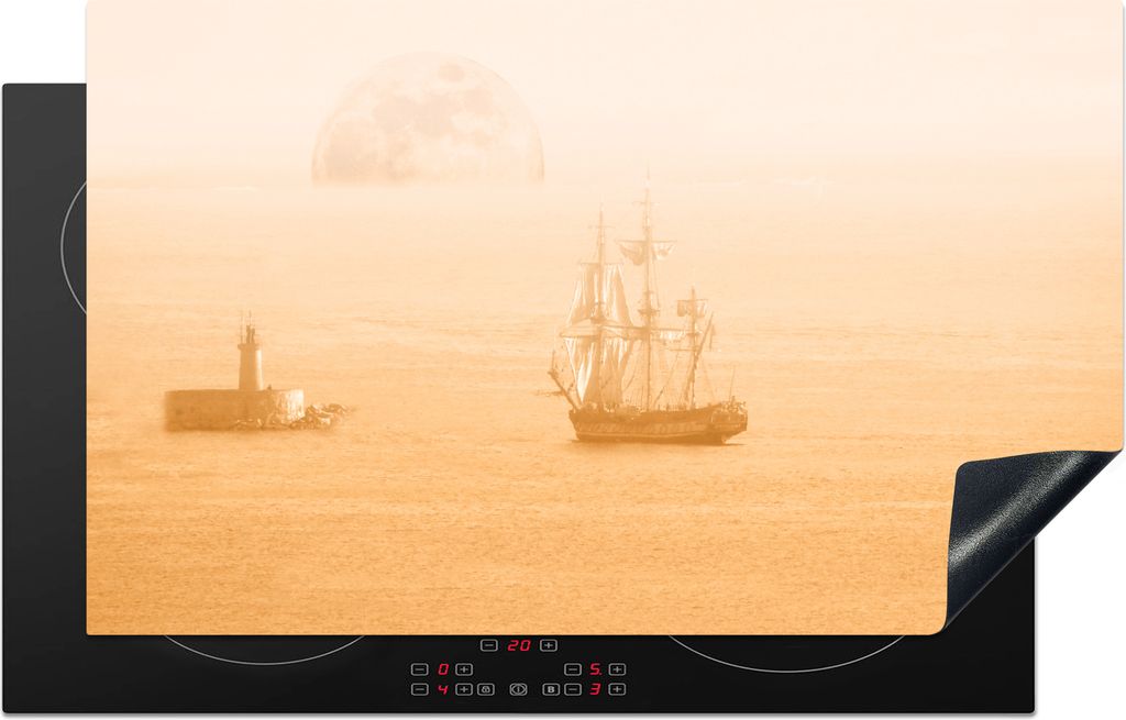 KitchenYeah Herdabdeckplatte Galeone im Nebel , 85x52cm, Küche Deko, Glaskeramikkochfeld Herdabdeckung, Abdeckplatte fùr Kochfeld