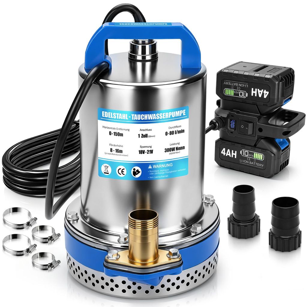 Akku Tauchpumpe mit 2×4Ah Doppel-Akku-Konstruktion 16m Produktbild 