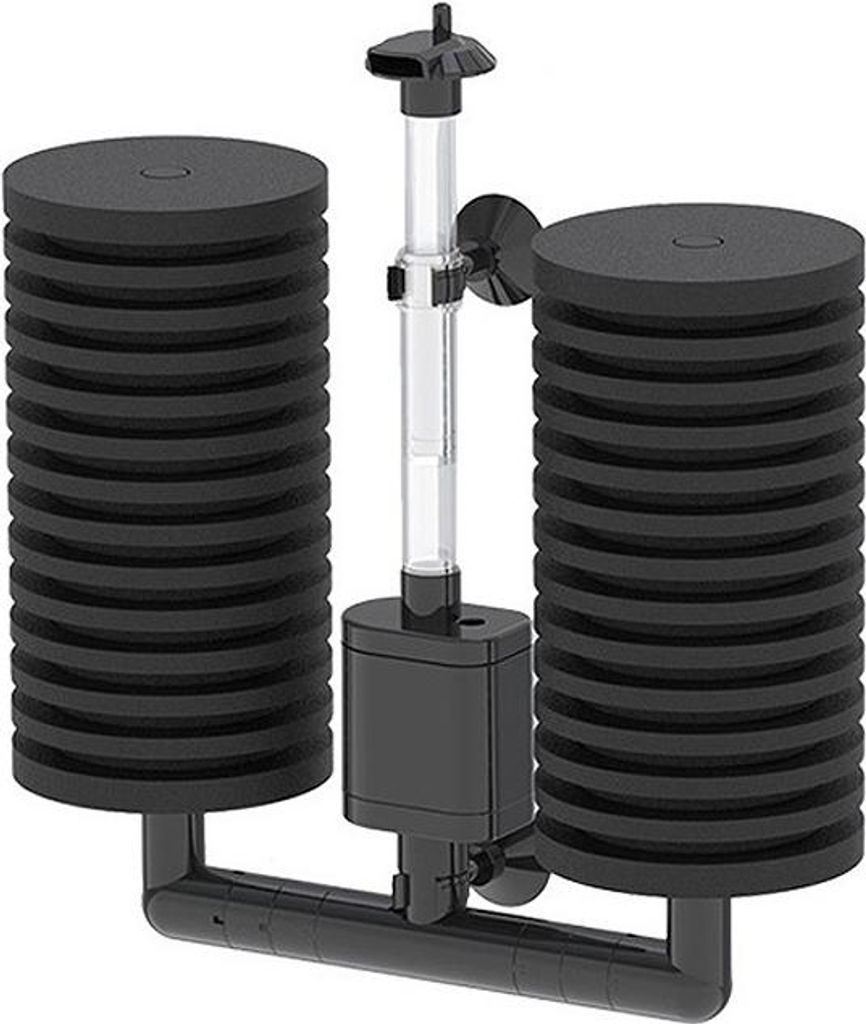A black aquarium filter with two sponge columns and a central tube.