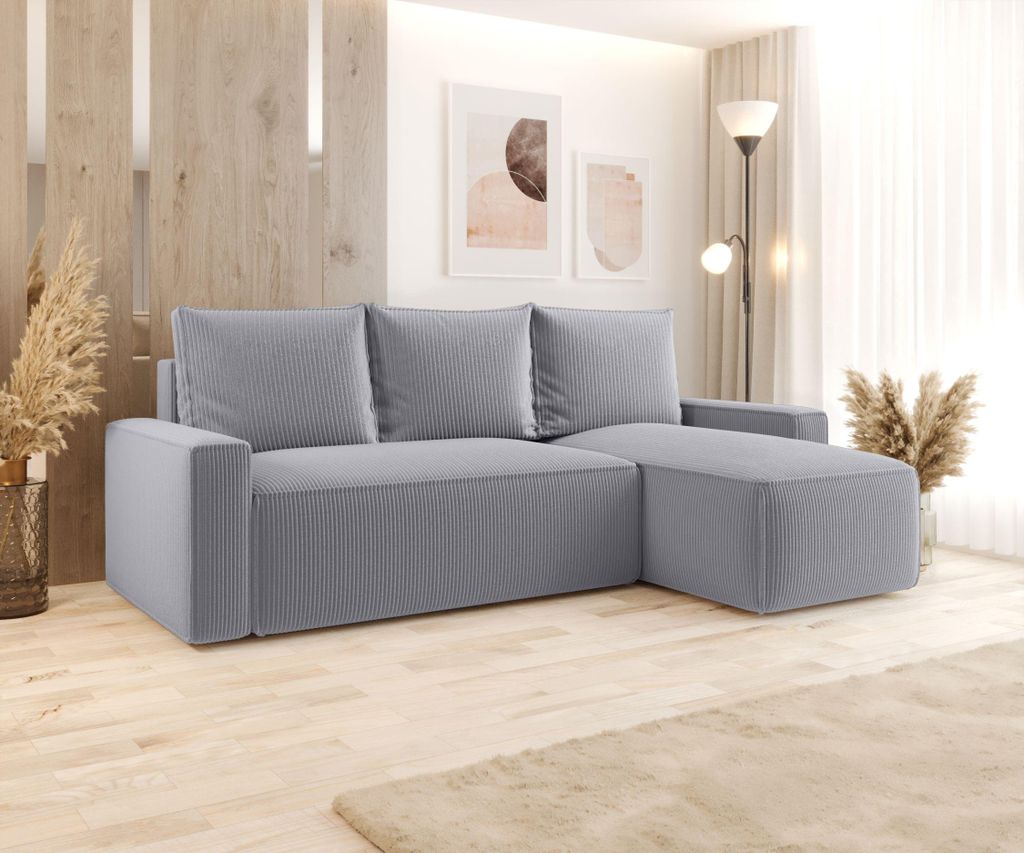 BEDANTE ECKSOFA mit Schlaffunktion SAVIO Poso 55 Grau Rechts L-Form Sofa mit Stauraum Bettkasten Wohnzimmersofa Couch Sofa Bettsofa Bettkasten Bett...