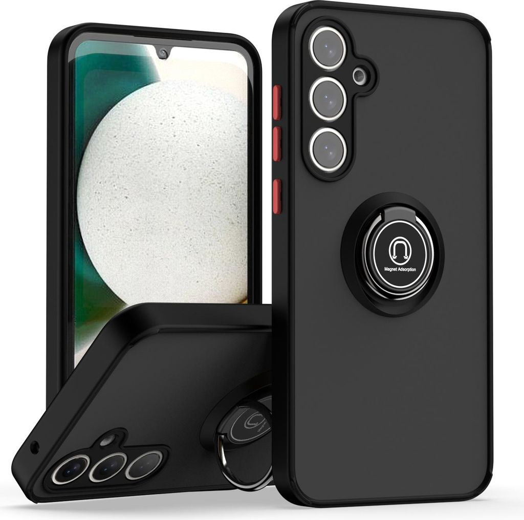 Hülle für Samsung Galaxy A35 Matte Transluzent TPU Stoßfest Schutzhülle mit Ring Halter Ständer Schwarz Rot