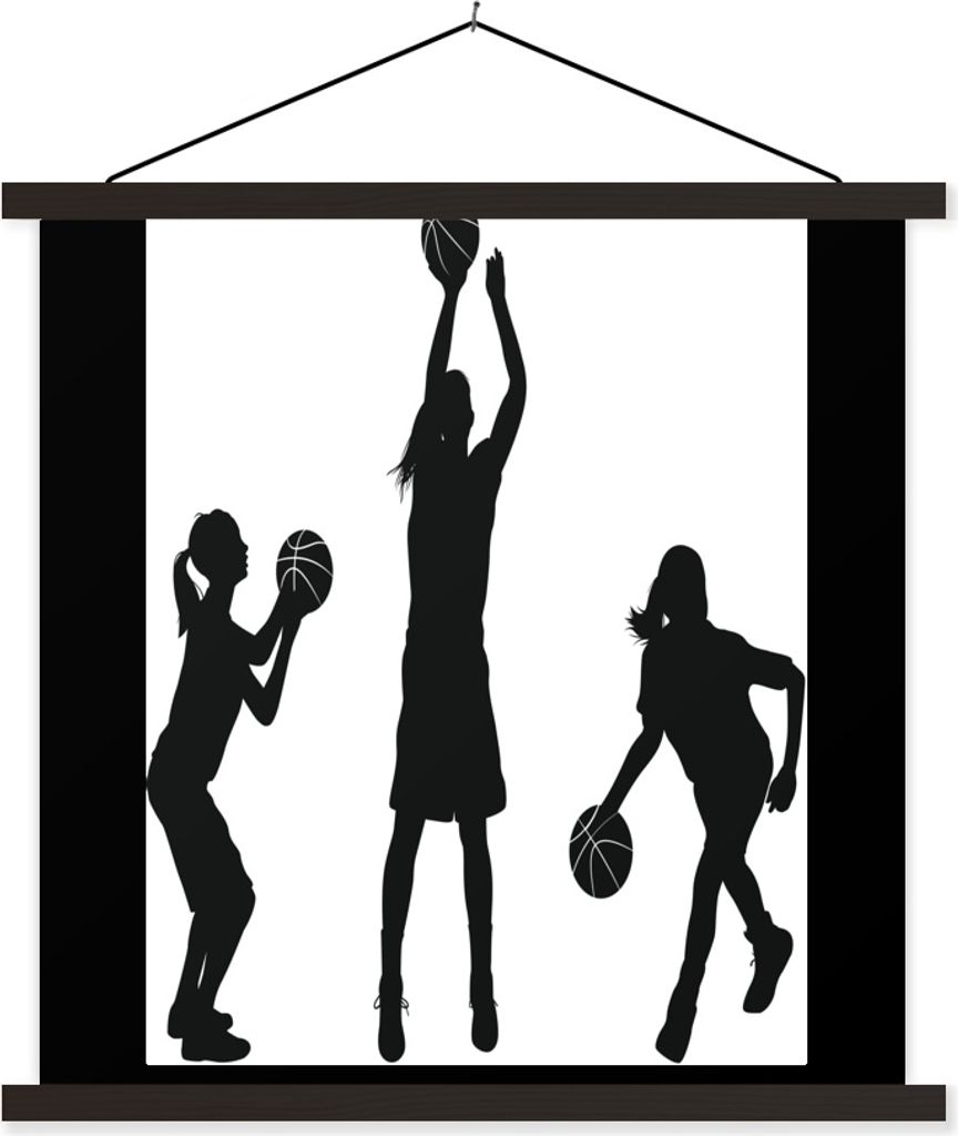 MuchoWow Textilposter Eine schwarz-weiße Illustration von drei Mädchen, die Basketball spielen 40x30 cm mit schwarzem Rahmen - Dekorationen