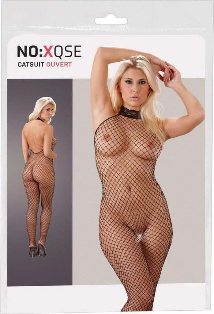 Schwarzer Netz-Catsuit S/M mit Spitzenkragen Produktbild 