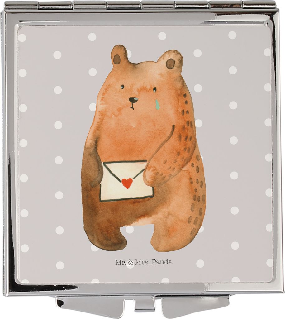 Mr. & Mrs. Panda Schminkspiegel Bär Vermissen - Grau Pastell - Geschenk, Liebeskummer, Reise, Quadratischer Spiegel, Handspiegel, Unglücklich Ver...