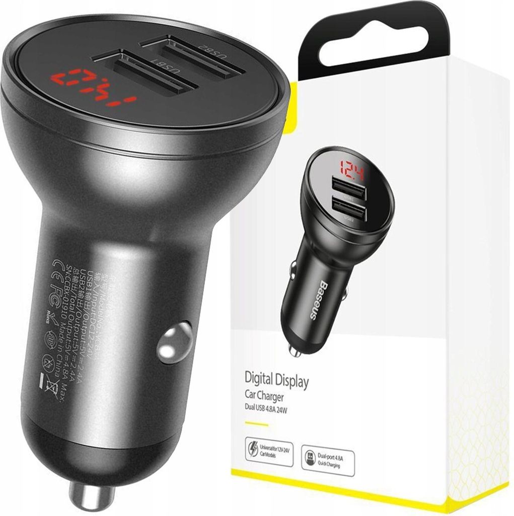 Baseus car charger with display. 2x USB. 4.8A. 24W (gray) Immagine del prodotto 