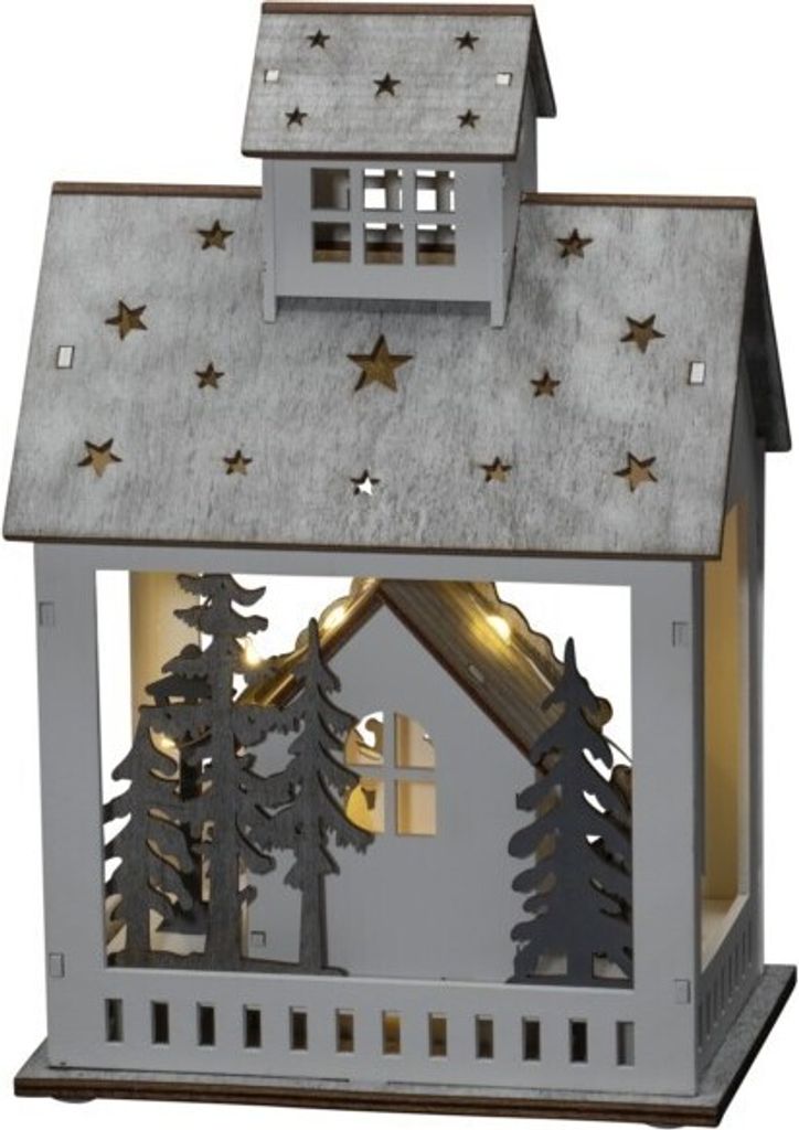 Konstsmide 3278-210 LED Holzsilhouette "Haus und Markt", weiß, 6H Timer, 10 warm weiße Dioden, batteriebetrieben, Innen, 2 x AA 1.5V (exkl.)