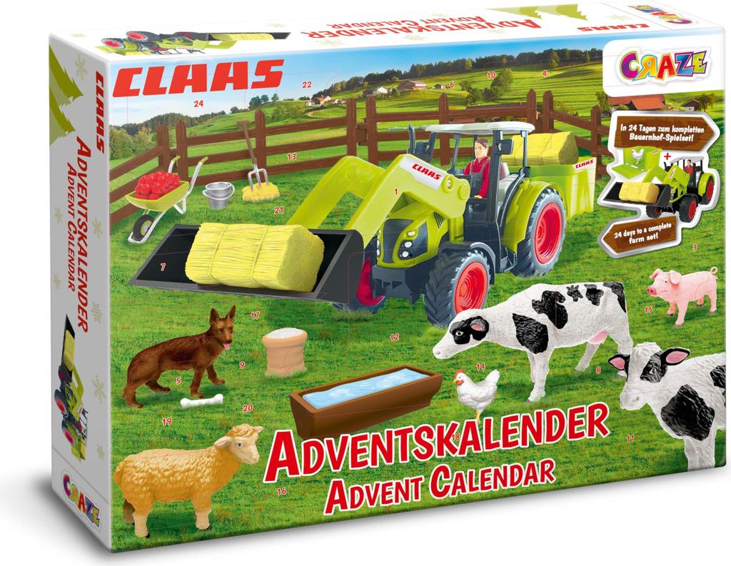 A farm-themed advent calendar with a tractor, farm animals, and a person driving the tractor.