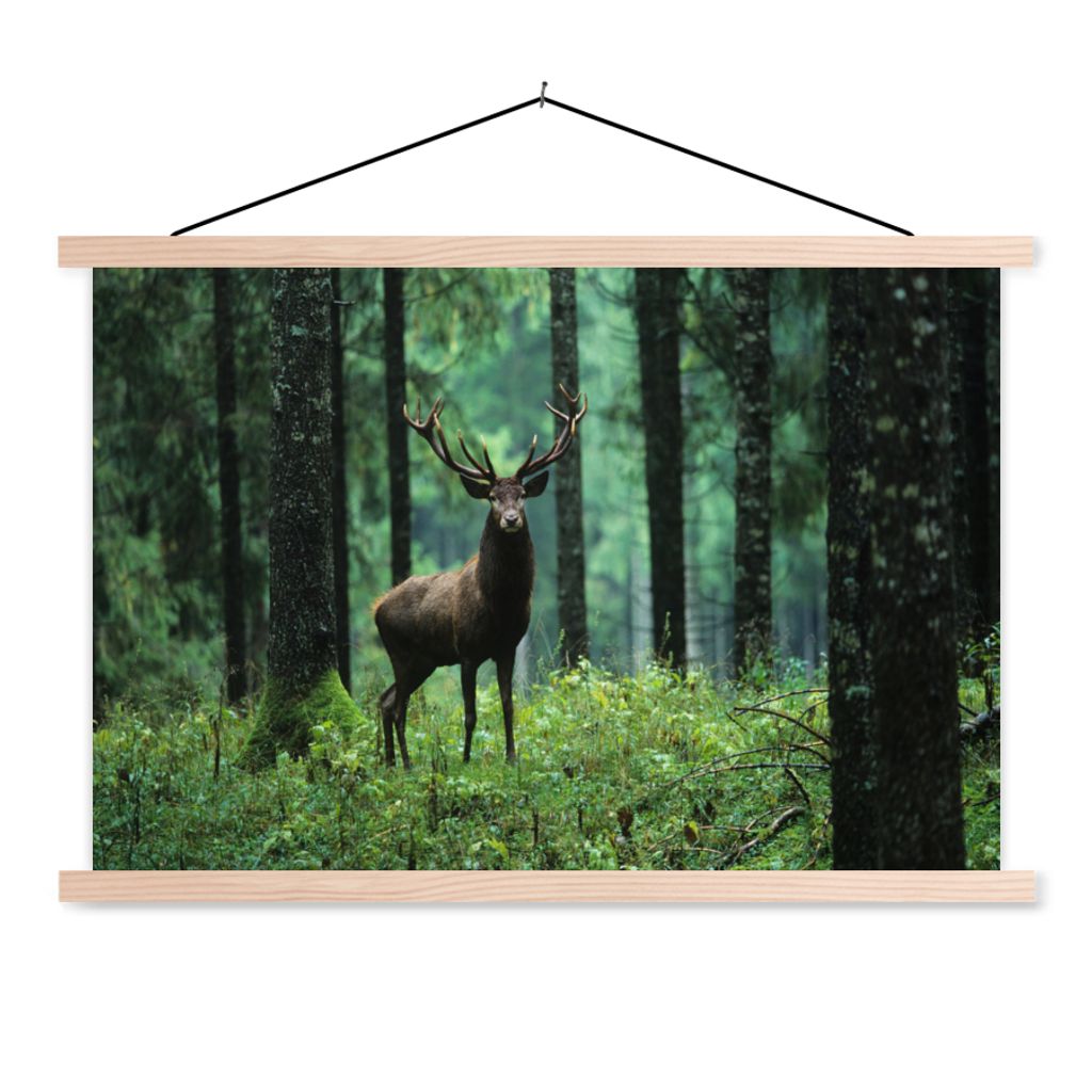 MuchoWow Textilposter Hirsche - Wald - Bäume - Tiere - Natur 120x80 cm mit holzfarbenen Rahmen - Aufhängeset