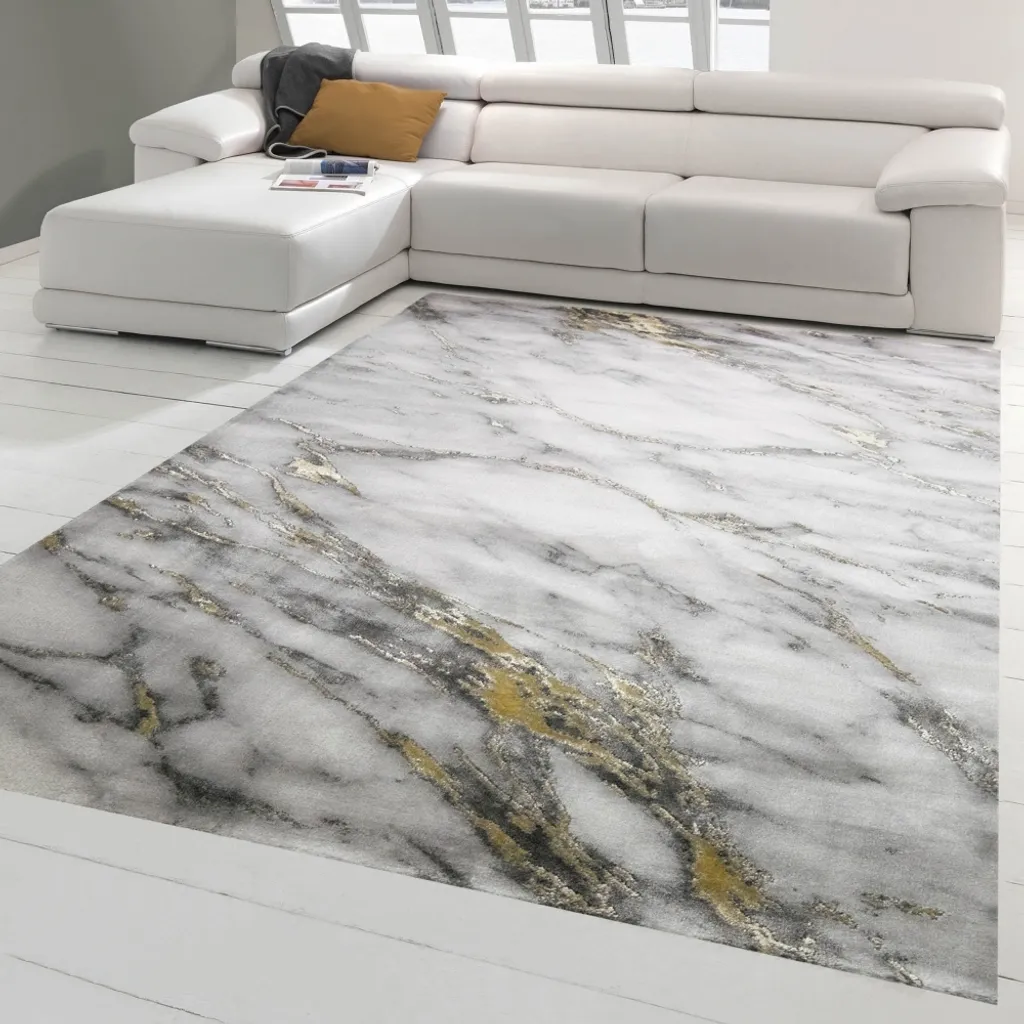 Tapis de salon aspect marbre crème gris et or moderne - 60 x 110 cm