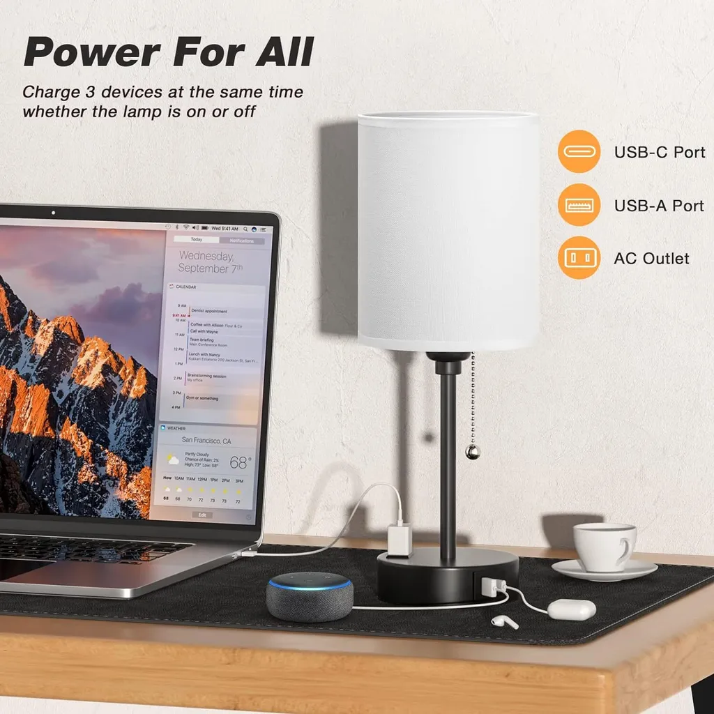 Lampe de chevet USB LED E27 réglable pour en finir avec les câbles emmêlés