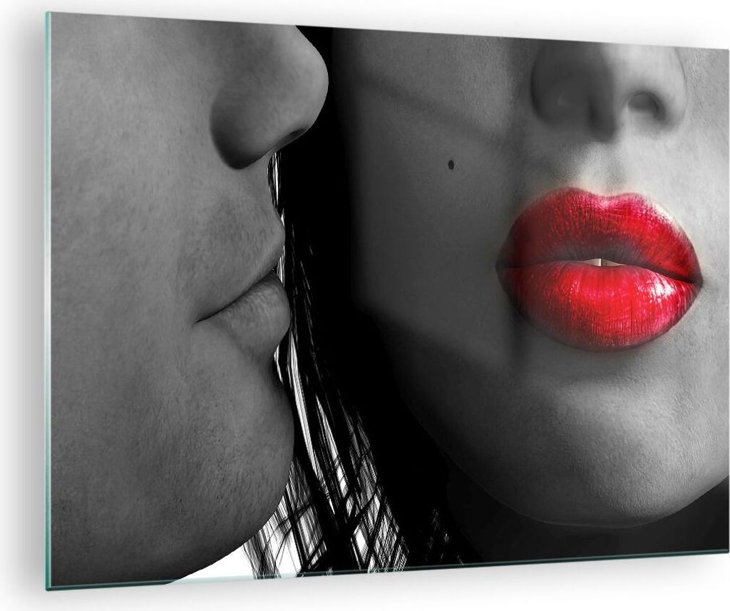 Bilder auf glas - Rote Lippen dunkles Haar Modell Liebe - 70x50cm - Glasbilder - Wandbilder - Kunstdruck - Wanddekoration aus Glas - Glas Bilder - ...