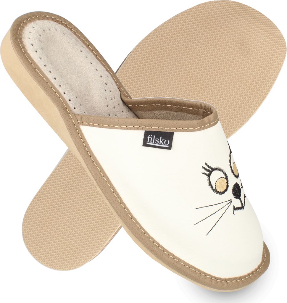 filsko Kotka - Hausschuhe Damen 36 bis 41 Katzengesicht Rindsleder weiß