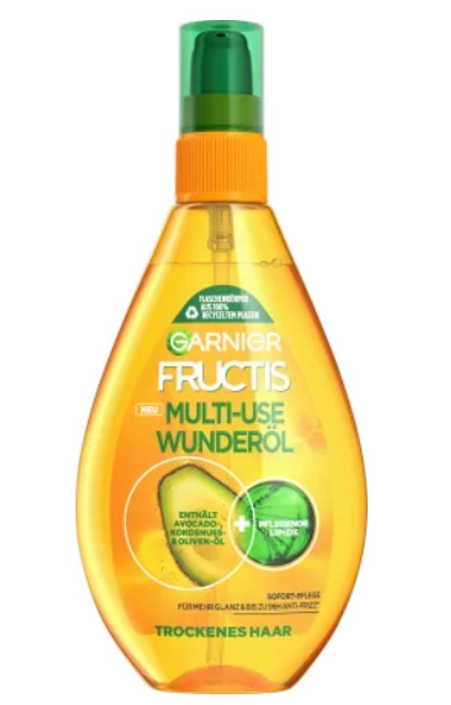 A bottle of Garnier Fructis Multi-Use Wunderöl for dry hair.