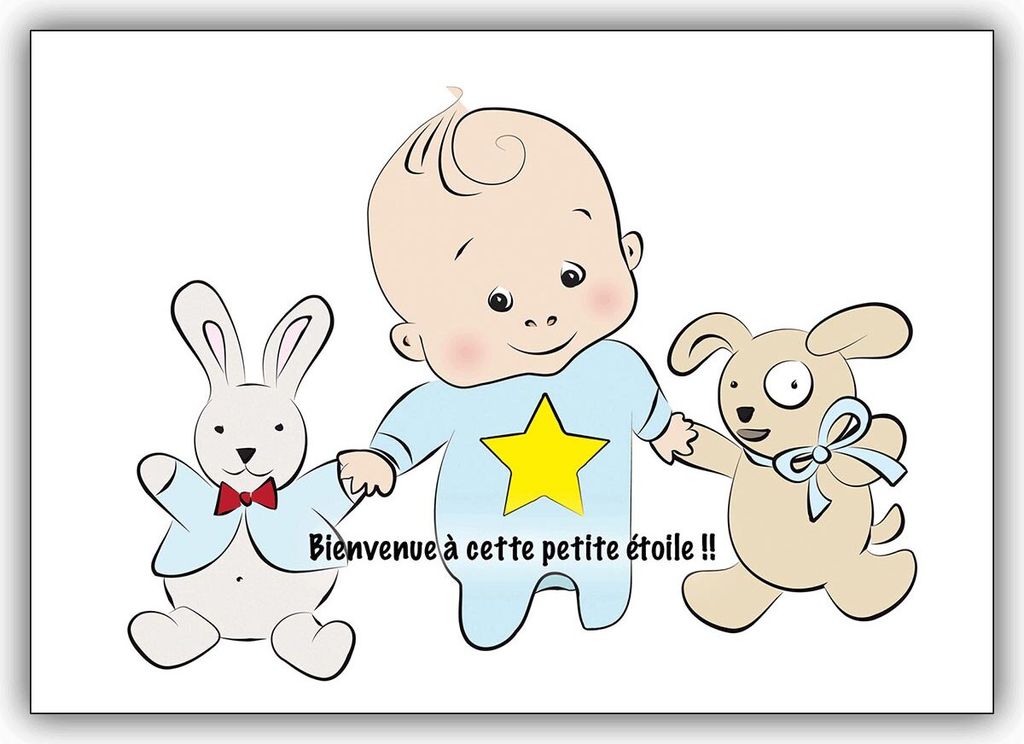 4x Süße französische Babykarte (Junge) mit Baby Boy und Stofftieren