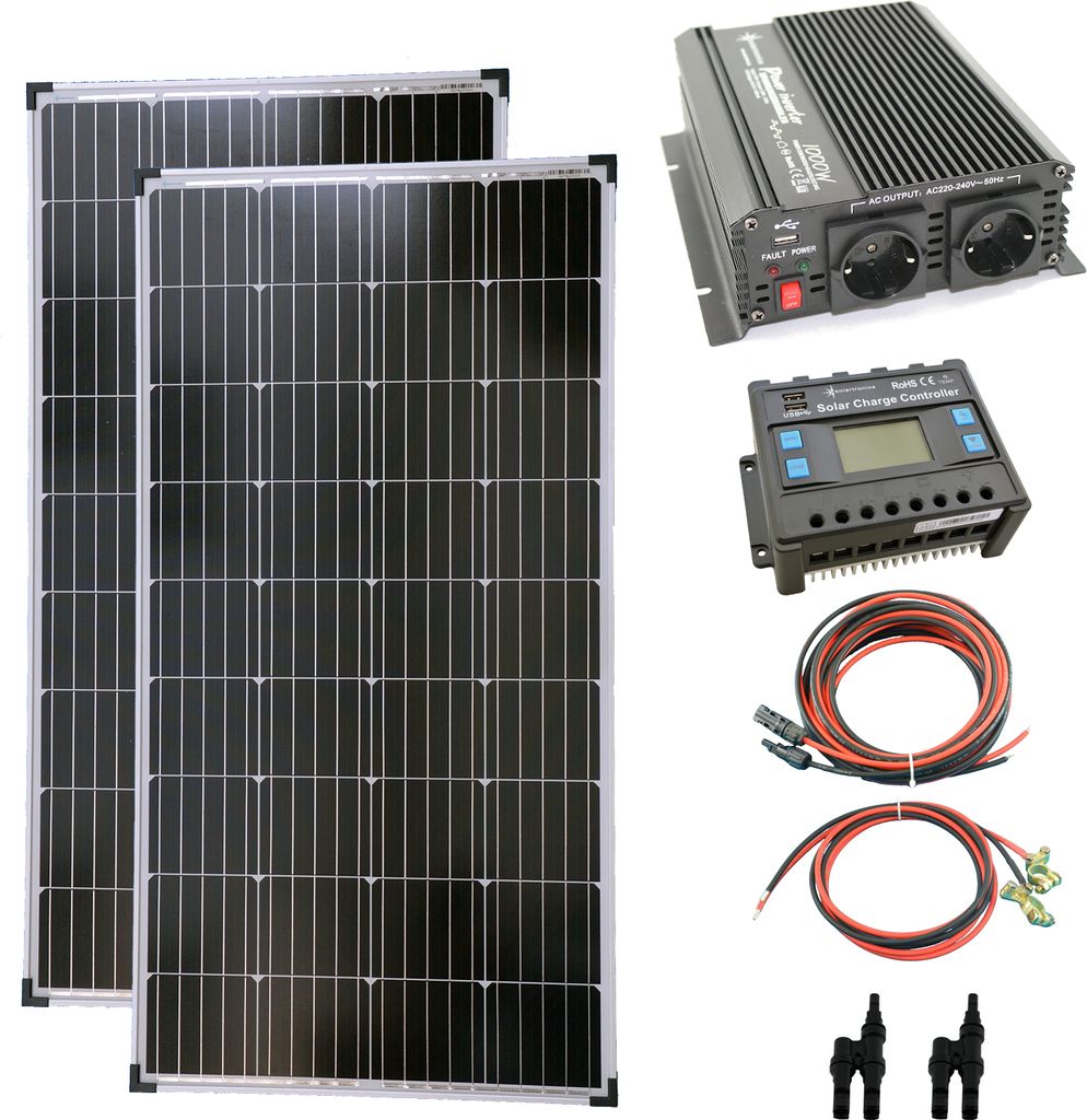 Solar Set 12V 2x130 Watt Solarpanel Kabel Wechselrichter 1000W Solaranlage 20A PV
