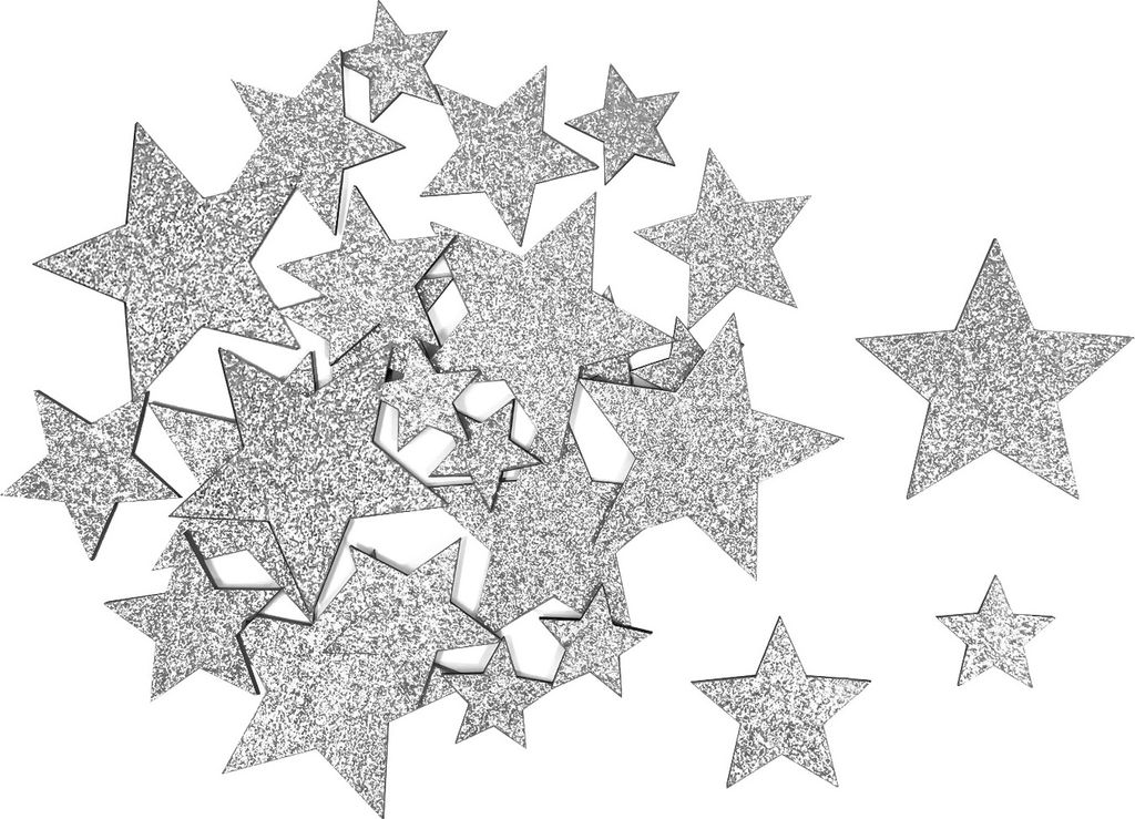 A collection of silver glitter star confetti scattered on a white background.
