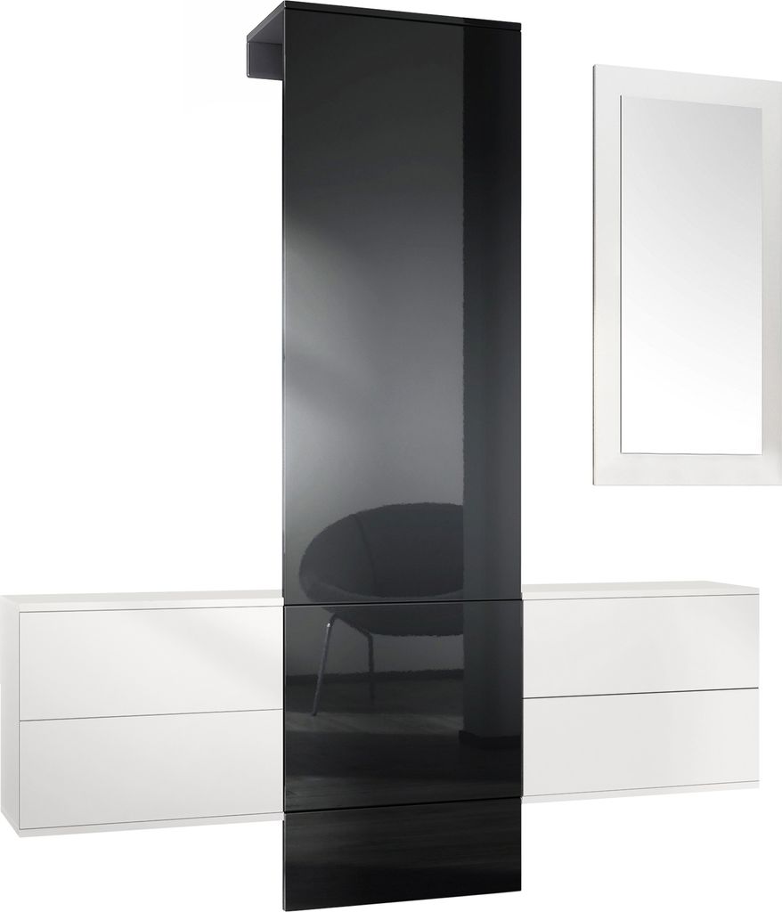 Vladon Garderobe Wandgarderobe Carlton Set 3, Germany, Korpus in Weiß matt / Paneel in Schwarz Hochglanz