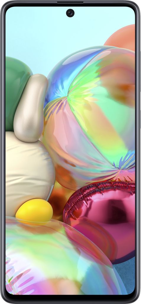 A smartphone with a colorful wallpaper displayed on its screen.