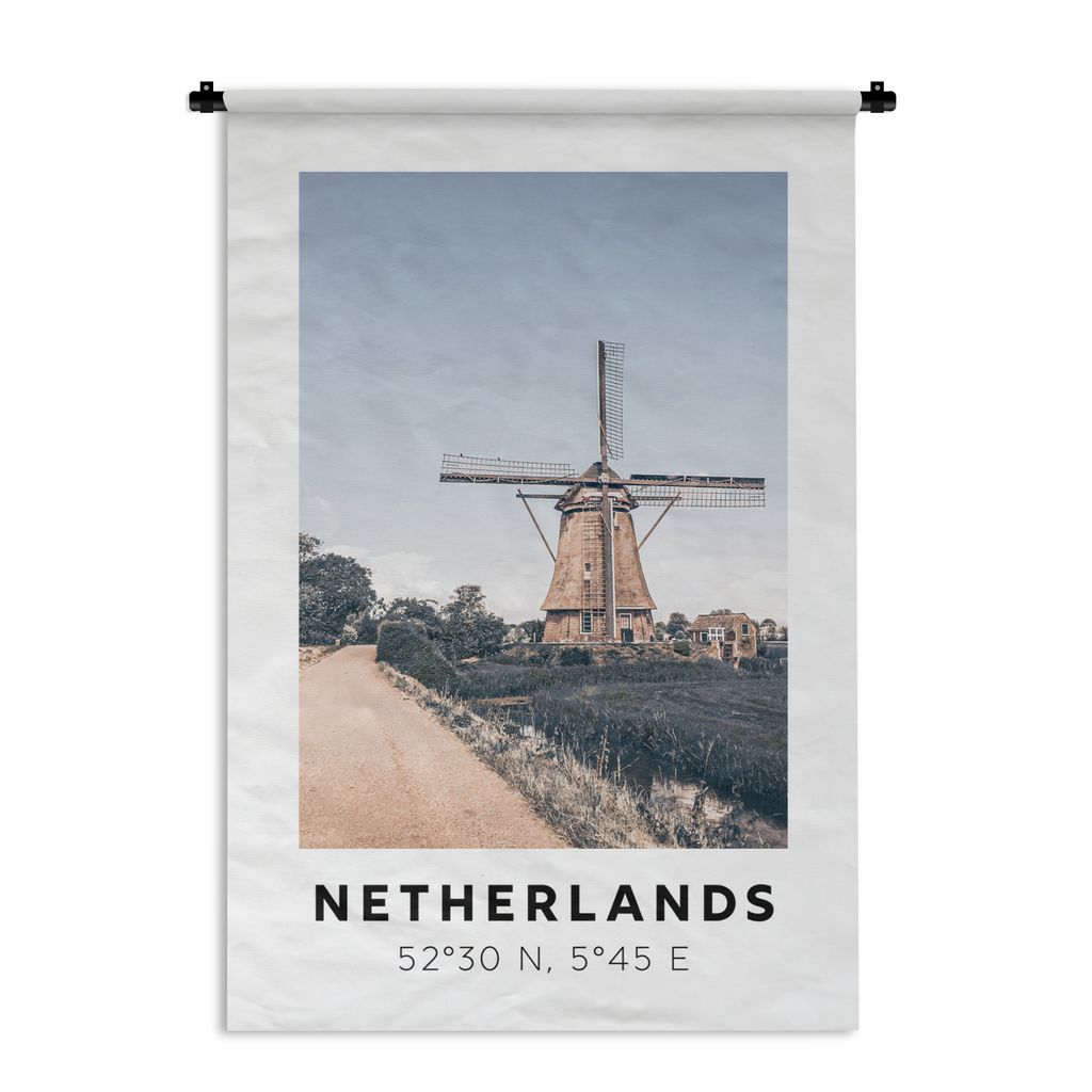 MuchoWow Wandteppich Wandbehang Niederlande - Windmühle - Vintage 90x135 cm Tapisserie Dekoration Wandtuch - Baumwolle - Wandskulptur