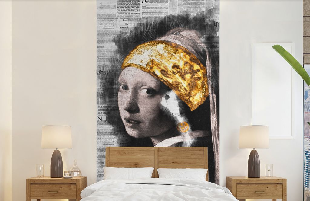 MuchoWow Fototapete für Wohnzimmer oder Schlafzimmer Wandtapete Vinyl Motivtapete Mädchen mit Perlenohrring - Gold - Aquarell - 120x240 cm - Hi...
