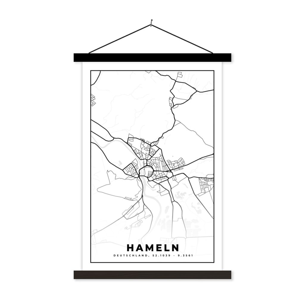 MuchoWow Textilposter Hameln - Karte - Stadtplan 60x90 cm mit schwarzem Rahmen - Poster Wohnzimmer