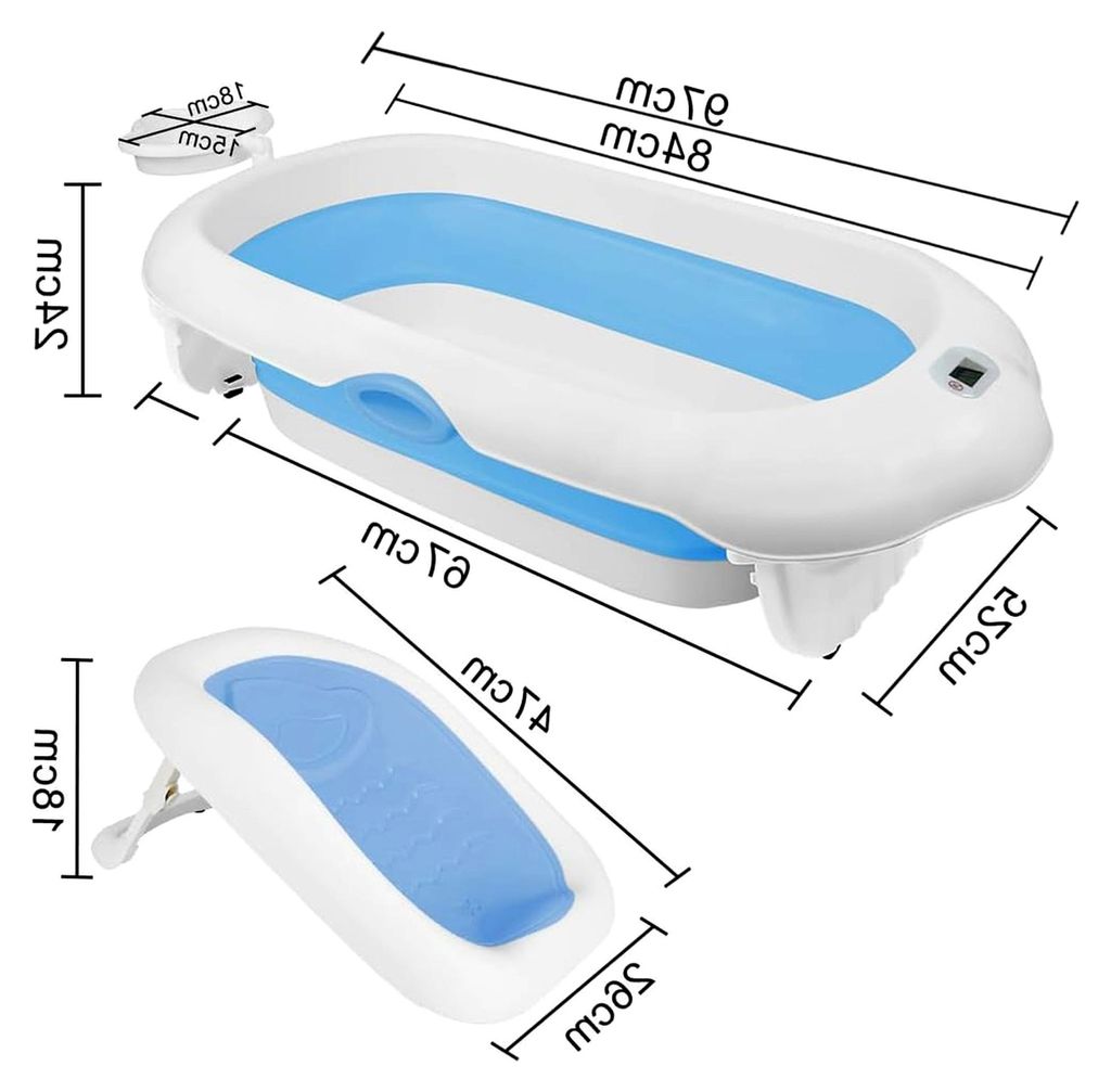 Tragbare Babybadewanne mit integriertem Badekissen und Thermometer, 97 x 52 x 24 cm (blau)