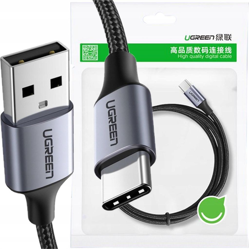 The image shows the packaging and close-ups of a Ugreen USB-A to USB-C cable.