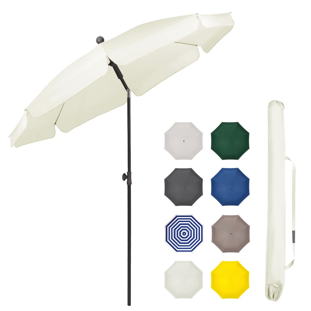 A cream-colored patio umbrella is shown open, with a black pole. To the right, there are eight smaller swatches of different colored umbrella fabric, and a white carrying case for the umbrella.