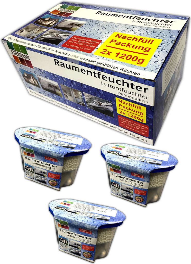3x Raumentfeuchter Luftentfeuchter 230g Granulat + Nachfüllpack 2x 1200g Set Box Granulat Luftentfeuchter Keller Auto KFZ