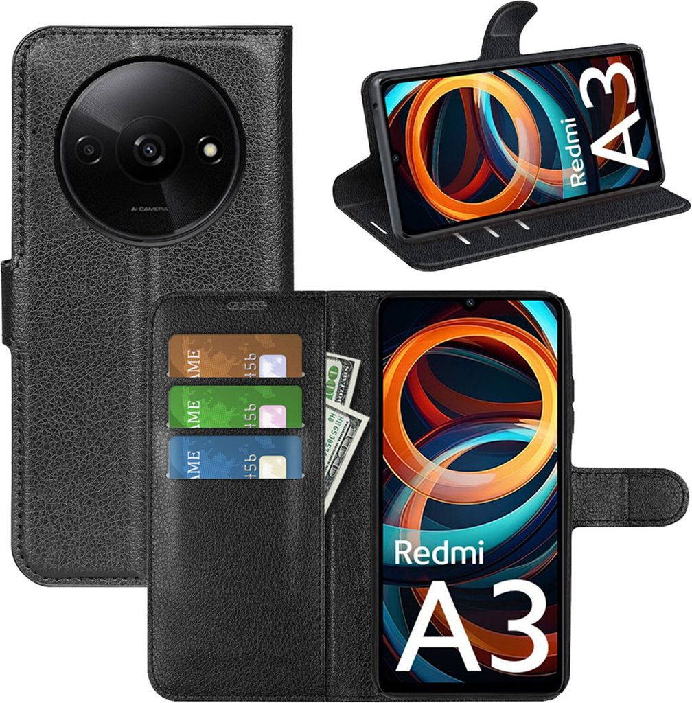 A collage of a black flip case for a Xiaomi Redmi A3 phone, showing the case open and closed, with credit cards and cash inserted.