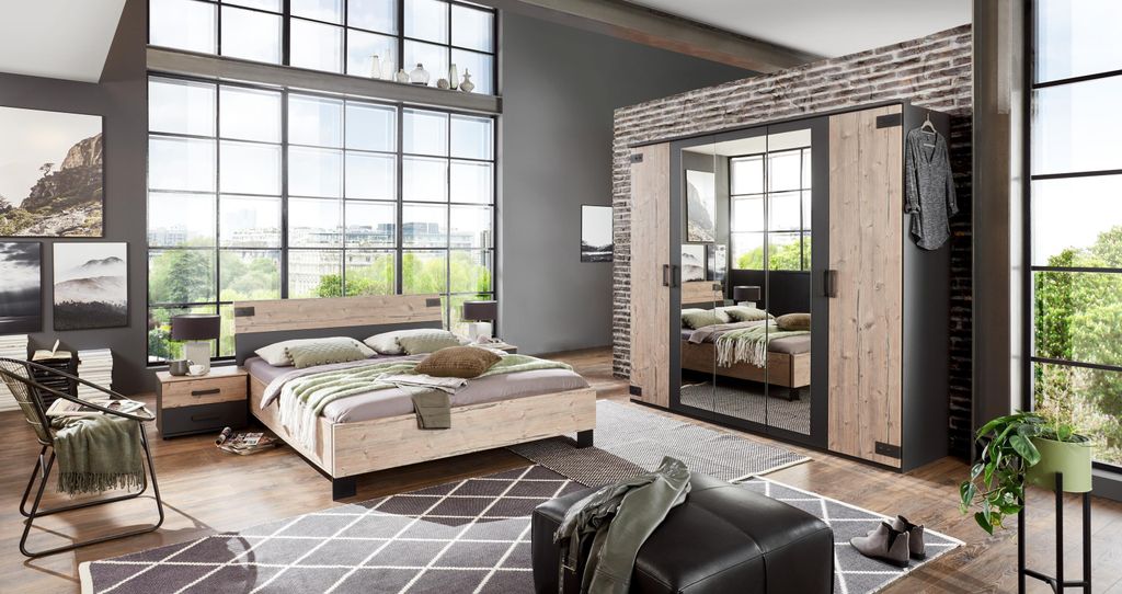 Komplettschlafzimmer "Malmö" aus Spanplatte in Graphit mit Absetzungen in Silver Fir-Nahcbildung. Abmessungen (B/H/T) 477x210x210 cm