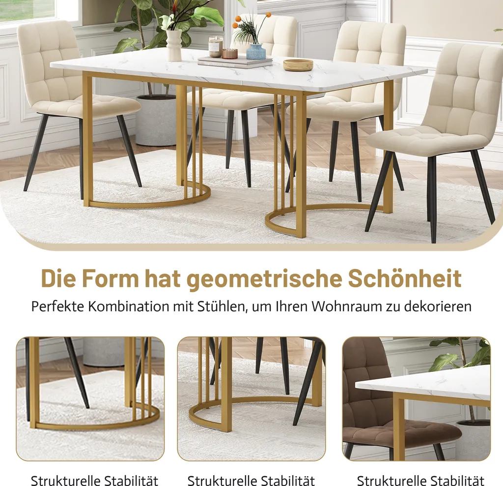 Sweiko 140 x 80cm tavolo da pranzo, (1-St), tavolo da cucina moderno, struttura in metallo tavolo da pranzo rettangolare in marmo moderno tavolo da cucina con gambe regolabili per sala da pranzo soggiorno, bianco / oro - 15