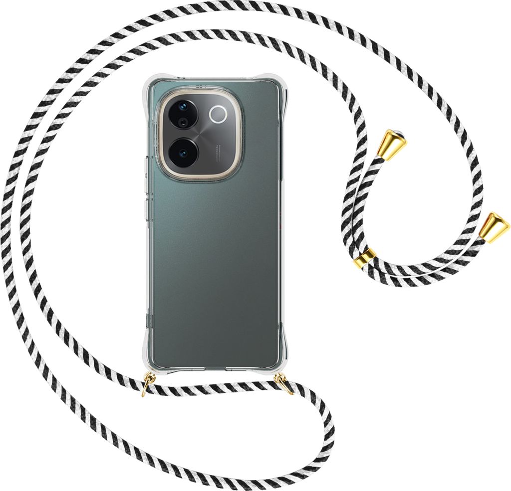 Handykette Backcover-Schutzhülle mit Band (Metall goldfarben) für Vivo iQOO Z9s Pro / T3 Pro 5G - schwarz/weiß gestreift