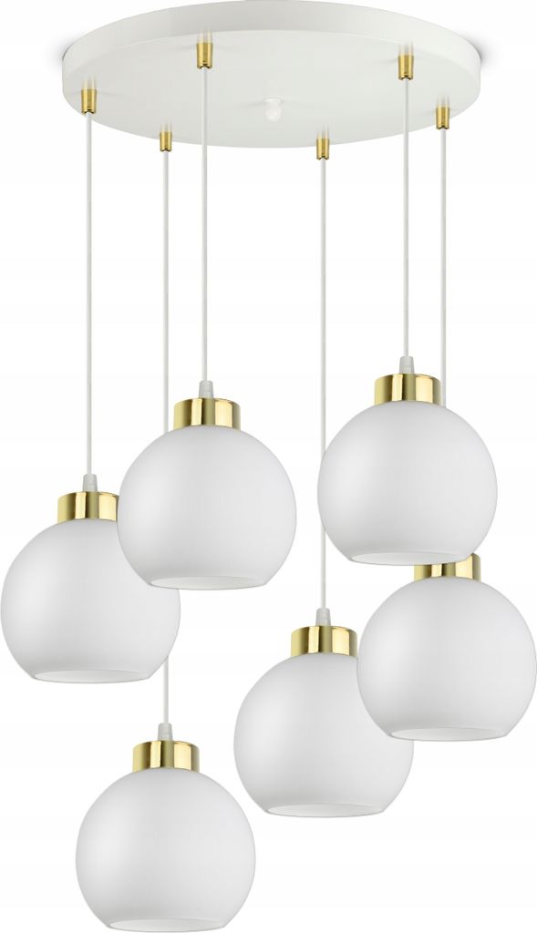 A white pendant light fixture with six glass globe shades and gold accents, suspended from a white circular ceiling plate.
