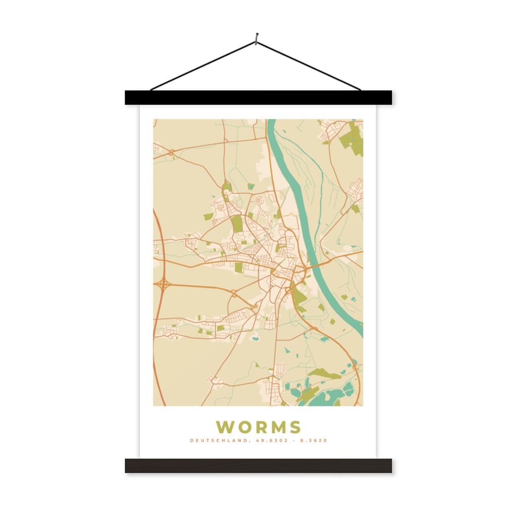 MuchoWow Textilposter Karte - Worms - Stadtplan - Vintage 60x90 cm mit schwarzem Rahmen - Poster Wohnzimmer