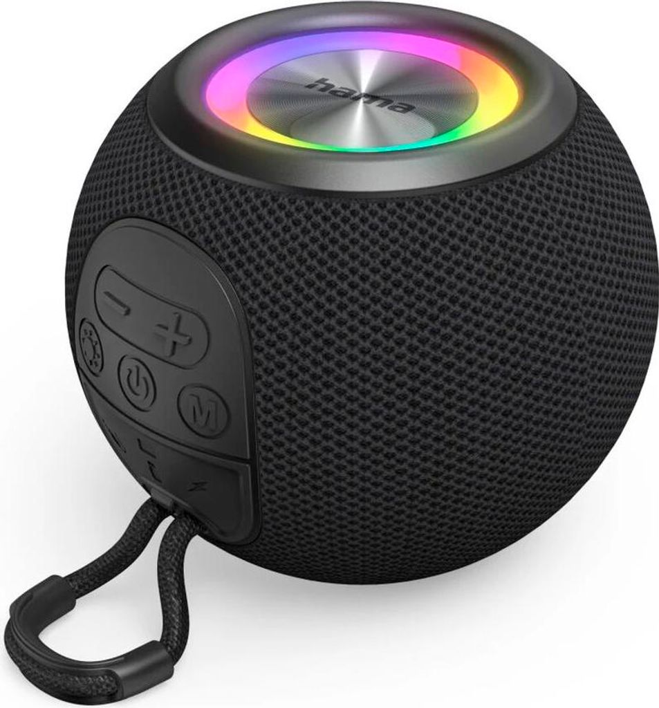 A black, spherical Bluetooth speaker with a colorful LED light ring on top and control buttons on the side.
