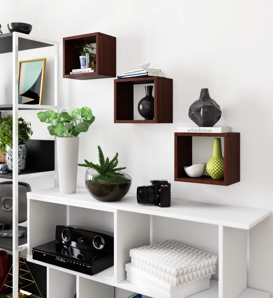 Étagère Murale Cube en Bois Wengé - Set de 3 Tablettes Décoratives - 5