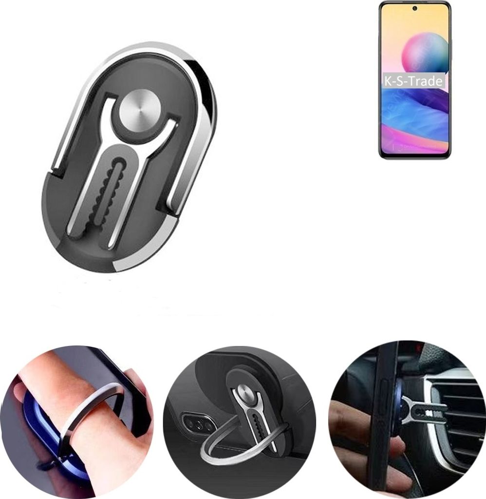 K-S-Trade 3in1 Smartphone-Ring Handy-Ring kompatibel mit Xiaomi Redmi Note 10 JE Fingerhalterung Handyring Tischständer Lüftungsgitter-Halterung