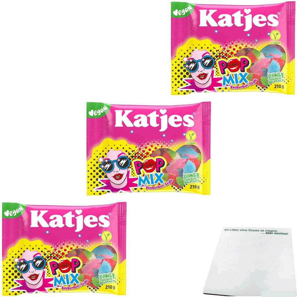 Katjes Pop-Mix Kaubonbon mit Fruchtgummi 3er Pack (3x210g Packung) + usy Block
