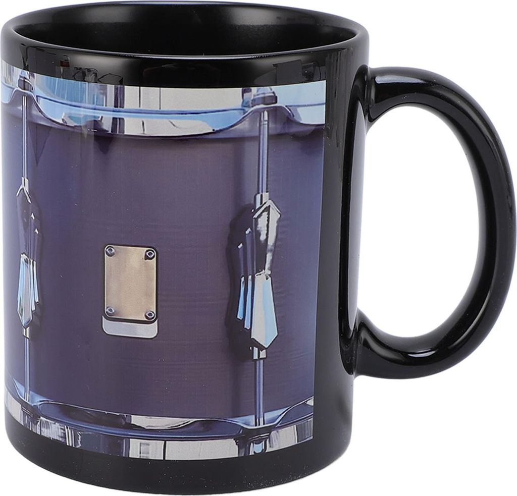 Vintage Mug Funny Drum Pattern Keramik Edelstahl 11 Oz Kaffeetasse mit Löffel für kalte heiße Getränke Schwarz