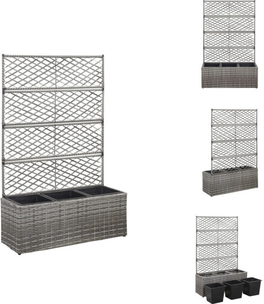 vidaXL Hochbeet mit Rankgitter 3 Töpfe 83×30×130cm Poly Rattan Grau - Blumentöpfe & Pflanzgefäße