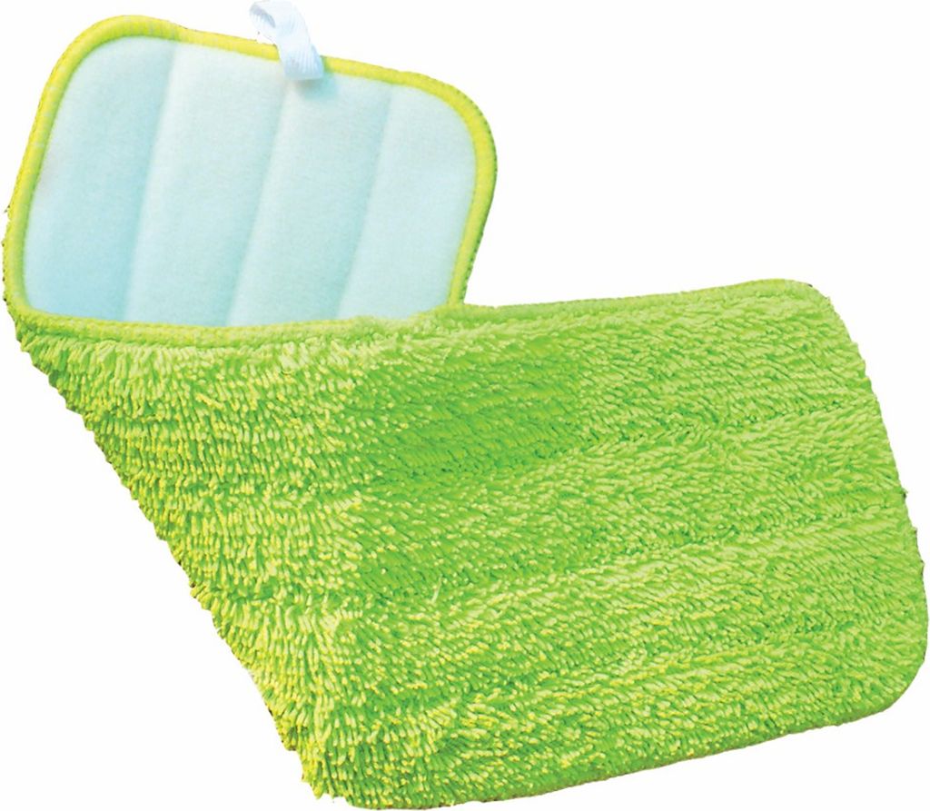 A green microfiber mop pad with a light blue insert and yellow trim, shown against a white background.
