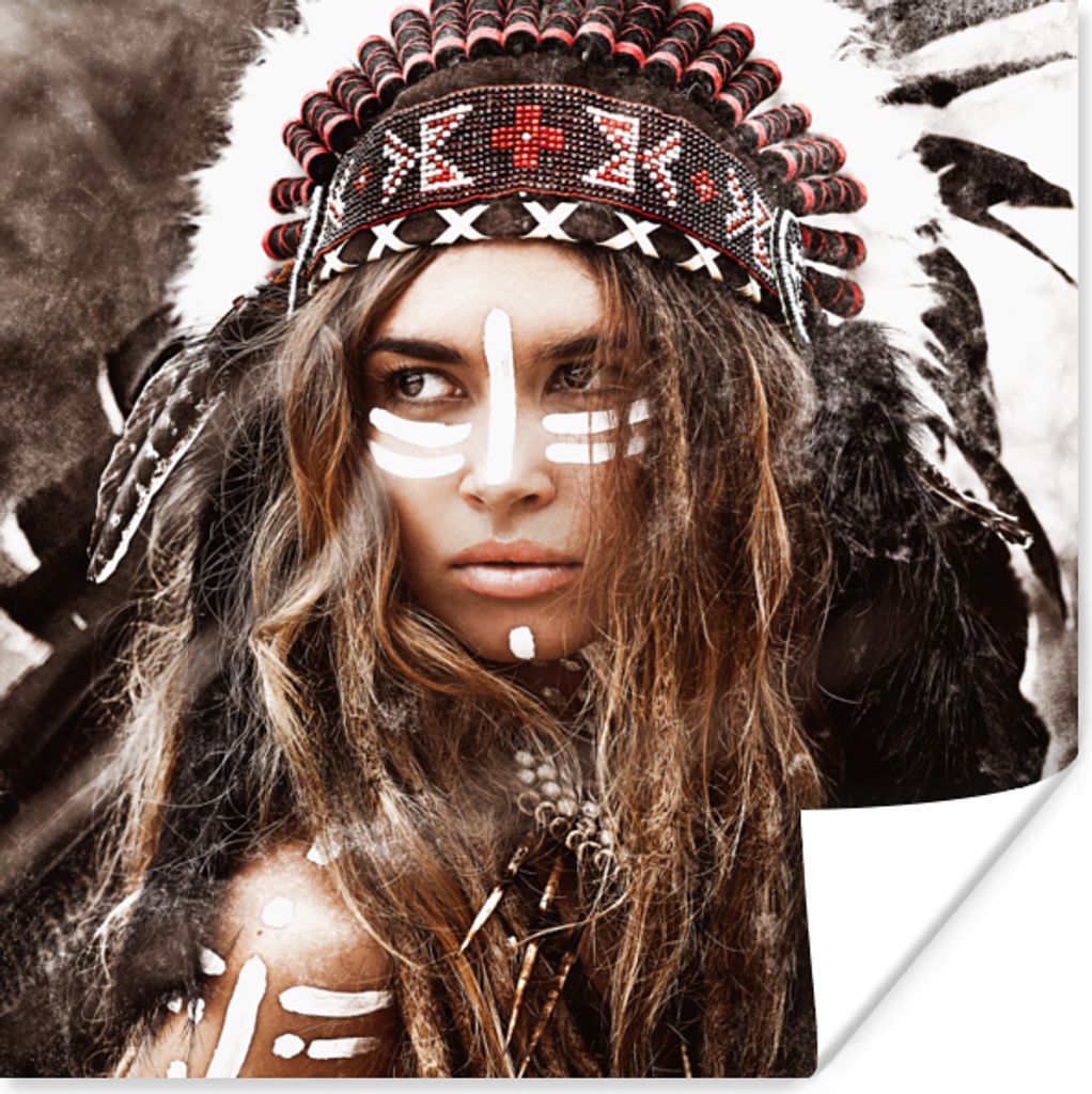 MuchoWow Poster Frau - Indianergewand - Federn - Streifen 100x100 cm - Babyzimmer