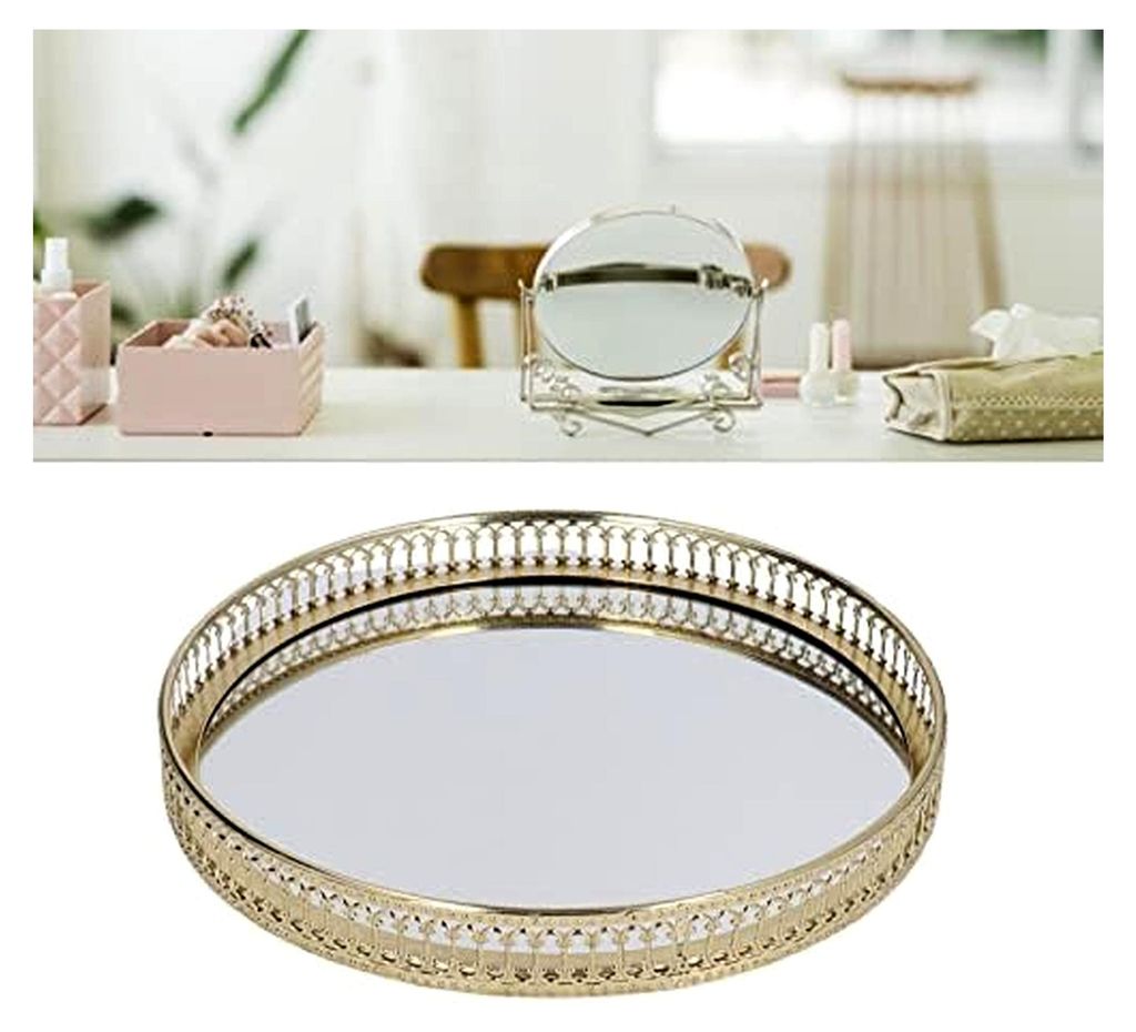 Rundes Goldenes Glastablett aus Eisen im Amerikanischen Stil, Groß, Dekorative Geometrische Form, Make-Up Tablett für Bar, Restaurant, Café, Bü...