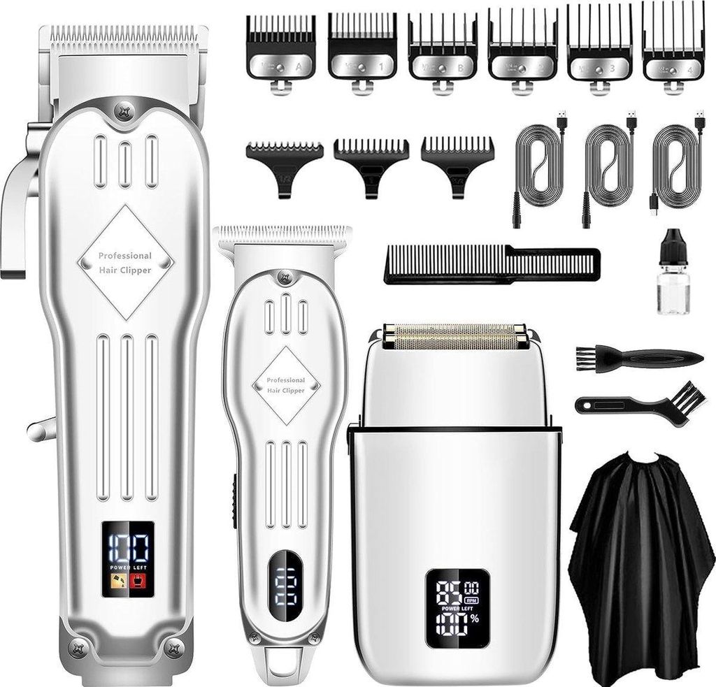 Herren Haarschneider Set mit Barttrimmer & Rasierer – Kabellos, Silber