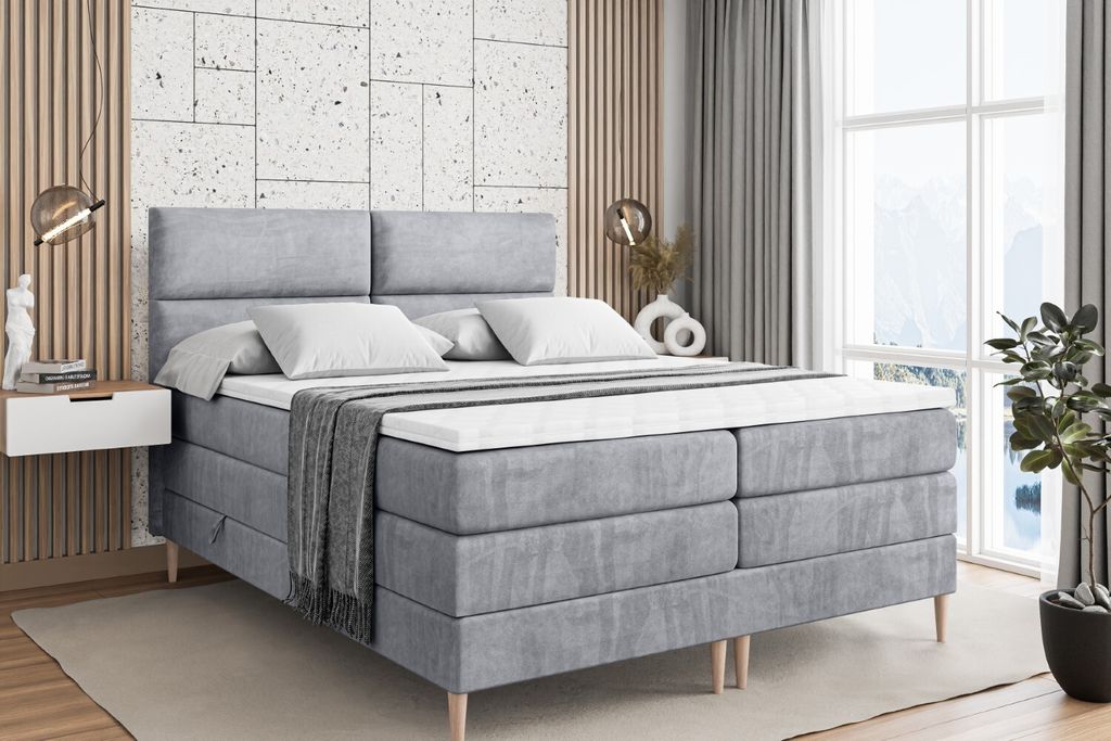 ALTDECOR Boxspringbett mit Holz Füßen, Matratze und Lattenrost, Topper, Polsterbett mit Bettkasten, Bett mit Stauraum H3- und H4- Matratze, Doppe...