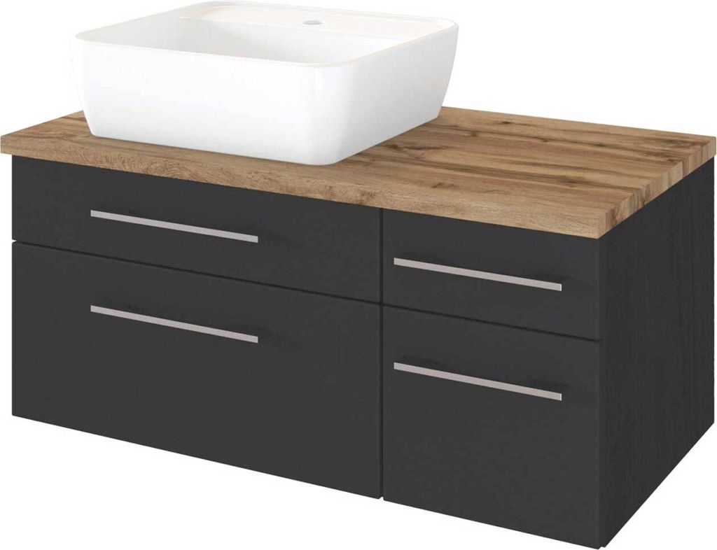 Waschtisch-Unterschrank 90 cm mit Siphonausschnitt Links inkl. Keramik Waschbecken TAREE-03 in matt grau, B/H/T: 90/55/47 cm