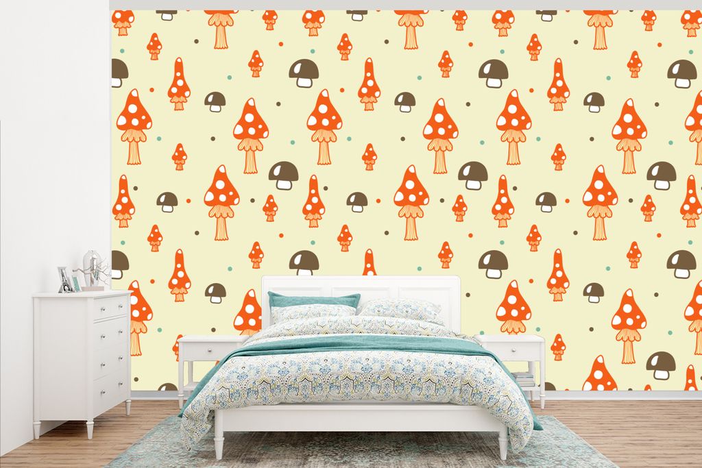 MuchoWow Fototapete für Wohnzimmer oder Schlafzimmer Wandtapete Vinyl Motivtapete Muster - Pilz - Orange - 405x260 cm - Die Küche