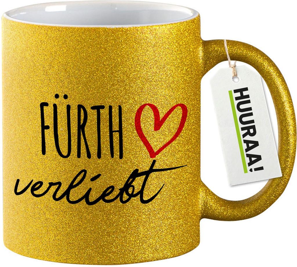 Huuraa Glitzertasse Fürth verliebt 330ml Gold Keramik Kaffeebecher Geschenkidee